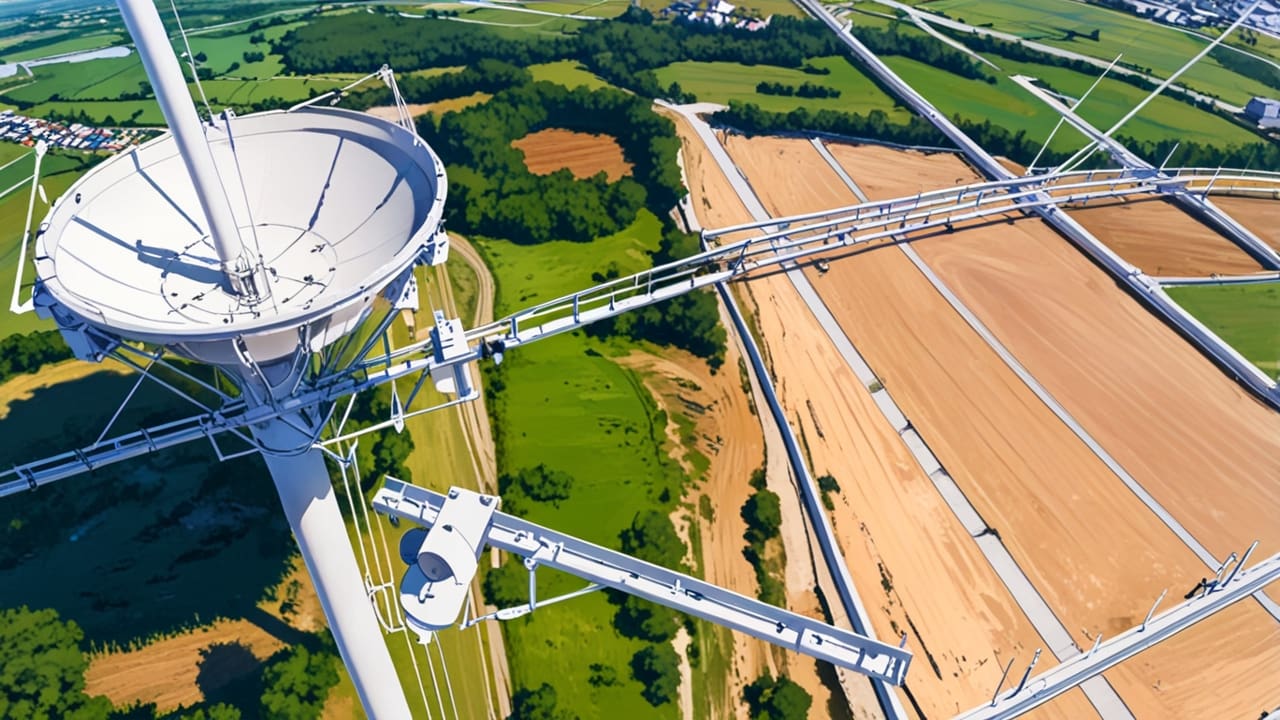 Vista aérea de un área de infraestructura avanzada con antenas satelitales y paisajes naturales integrados.