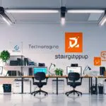 Oficina moderna de tecnología con ordenadores y logotipos de startups