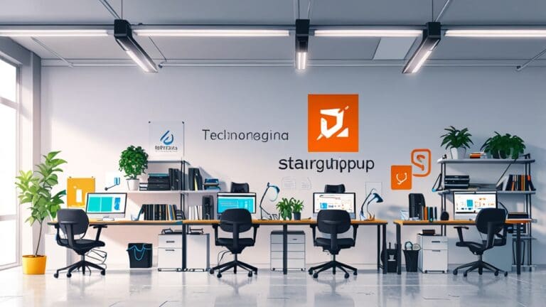 Oficina moderna de tecnología con ordenadores y logotipos de startups