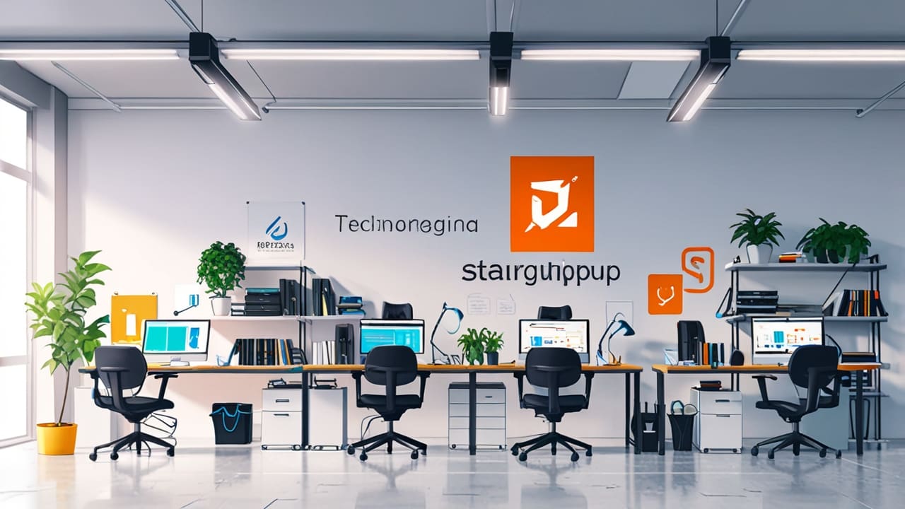 Oficina moderna de tecnología con ordenadores y logotipos de startups