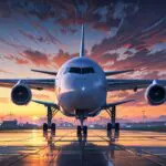 Avión aterrizando con tecnología radar en un aeropuerto moderno al amanecer.