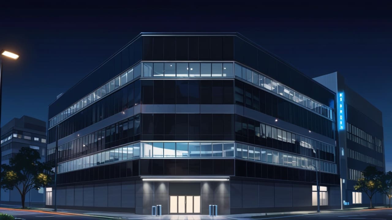 Moderno edificio corporativo tecnológico con luces nocturnas.