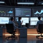 Oficina moderna con computadoras y gráficos de financiación en pantalla