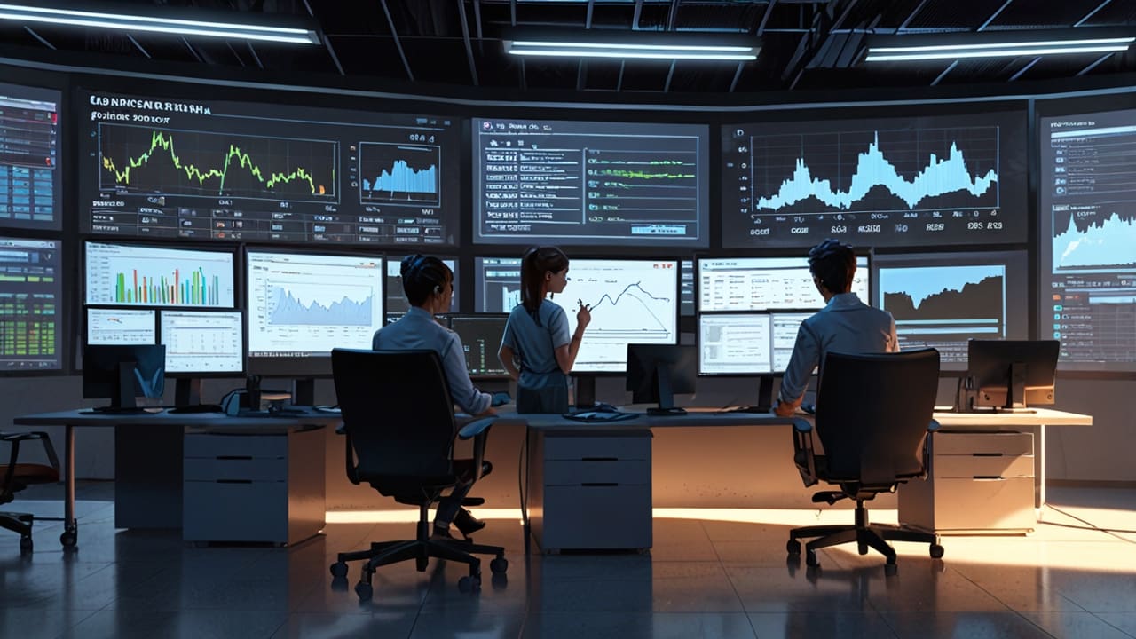 Oficina moderna con computadoras y gráficos de financiación en pantalla