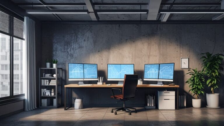 Espacio de trabajo moderno y tecnológico con computadores y gráficos de crecimiento en la pantalla