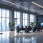 Oficinas modernas de tecnología con logos empresariales ficticios en un día soleado