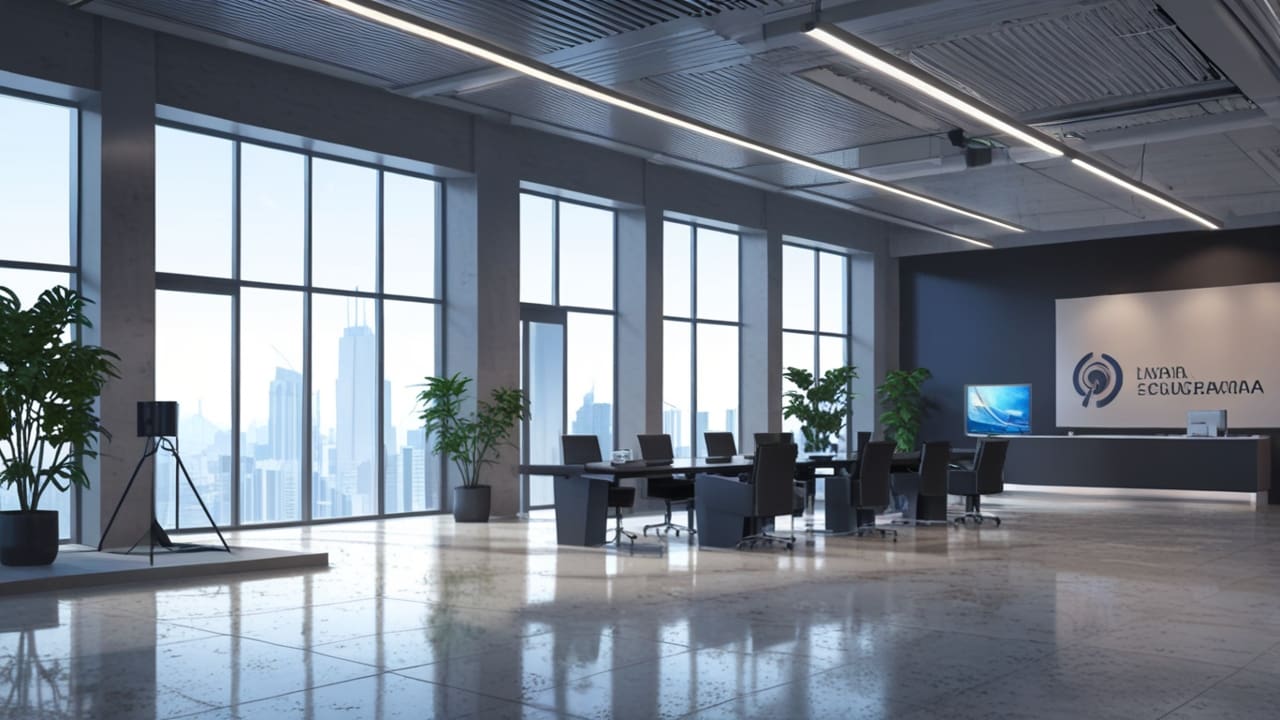 Oficinas modernas de tecnología con logos empresariales ficticios en un día soleado