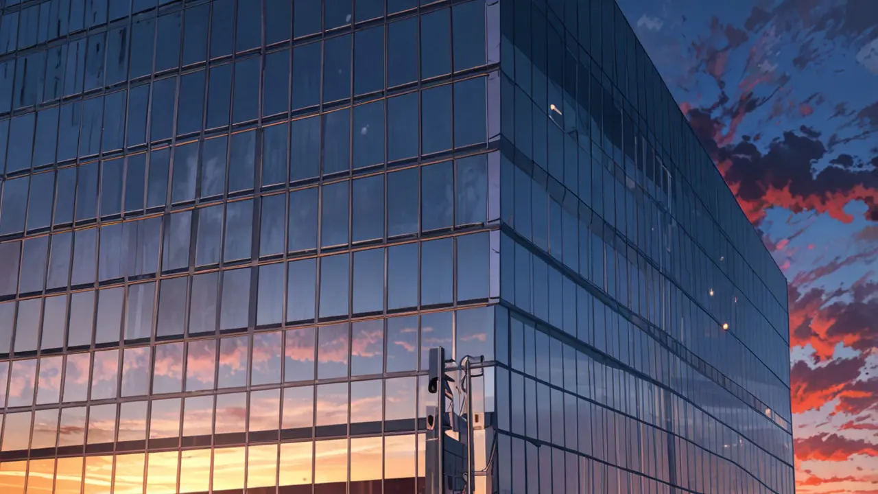 Edificio de oficinas tecnológicas modernas iluminado al atardecer, reflejando un enfoque corporativo y tecnológico