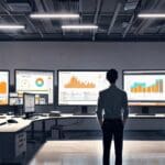 Oficina moderna con pantallas mostrando un software de gestión de proyectos solares