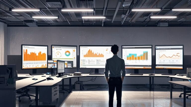 Oficina moderna con pantallas mostrando un software de gestión de proyectos solares