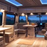 Interior de una moderna RV eléctrica con diseño eco-amigable iluminada al amanecer