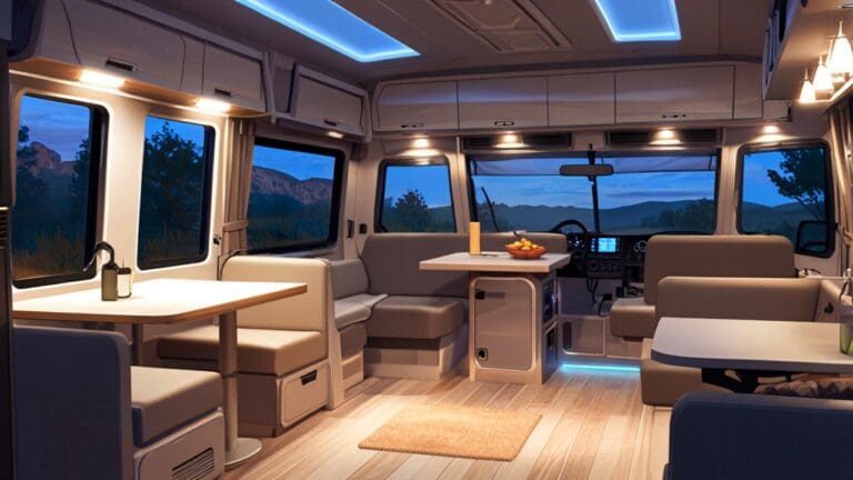 Interior de una moderna RV eléctrica con diseño eco-amigable iluminada al amanecer