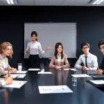 Oficina moderna con un grupo de jóvenes profesionales discutiendo en una mesa de conferencias.