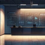 Entorno de oficina moderna con diagramas de patentes y símbolos de tecnología en las paredes