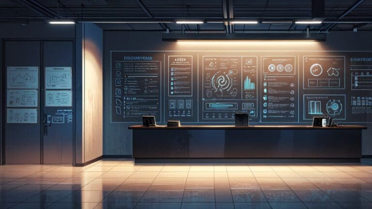 Entorno de oficina moderna con diagramas de patentes y símbolos de tecnología en las paredes