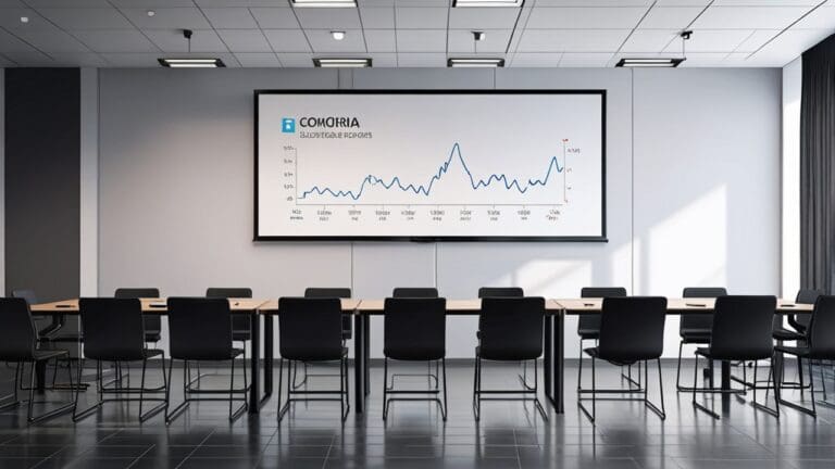 Sala de conferencias moderna con gráficos financieros en pantalla grande