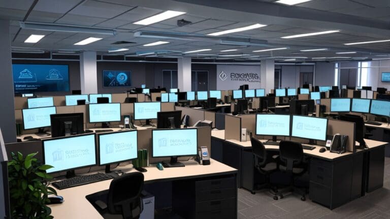 Oficinas modernas de una startup tecnológica en Carolina del Norte con pantallas y computadoras.