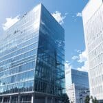 Moderno edificio de oficinas enfocado en tecnología rodeado de un paisaje urbano