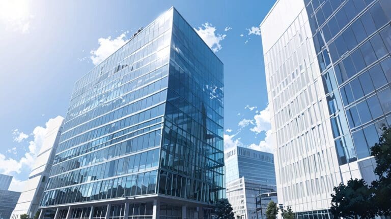 Moderno edificio de oficinas enfocado en tecnología rodeado de un paisaje urbano