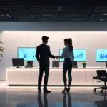 Oficina moderna con tecnología avanzada y personal colaborando