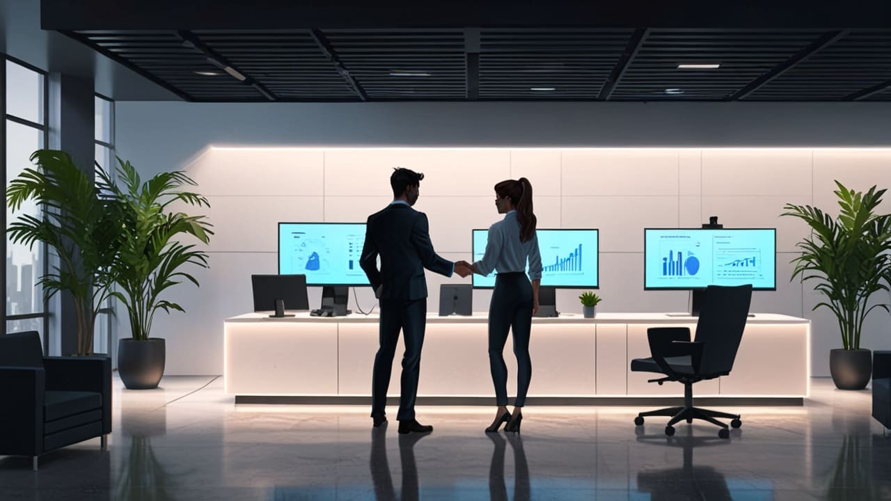 Oficina moderna con tecnología avanzada y personal colaborando