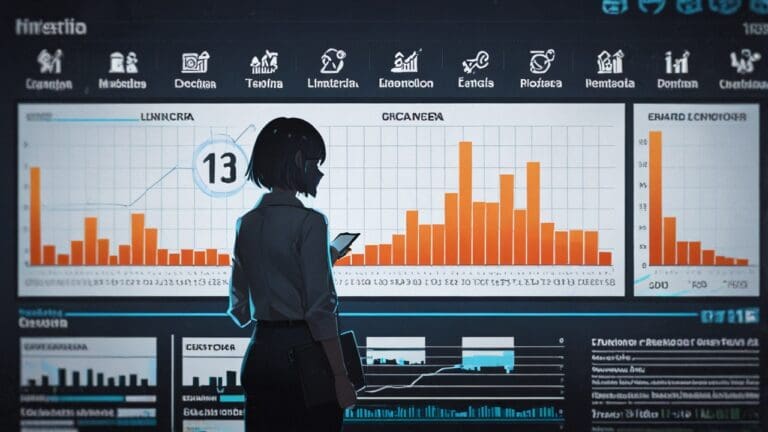 Oficina moderna con pantallas mostrando estadísticas de redes sociales y gráficos de crecimiento.