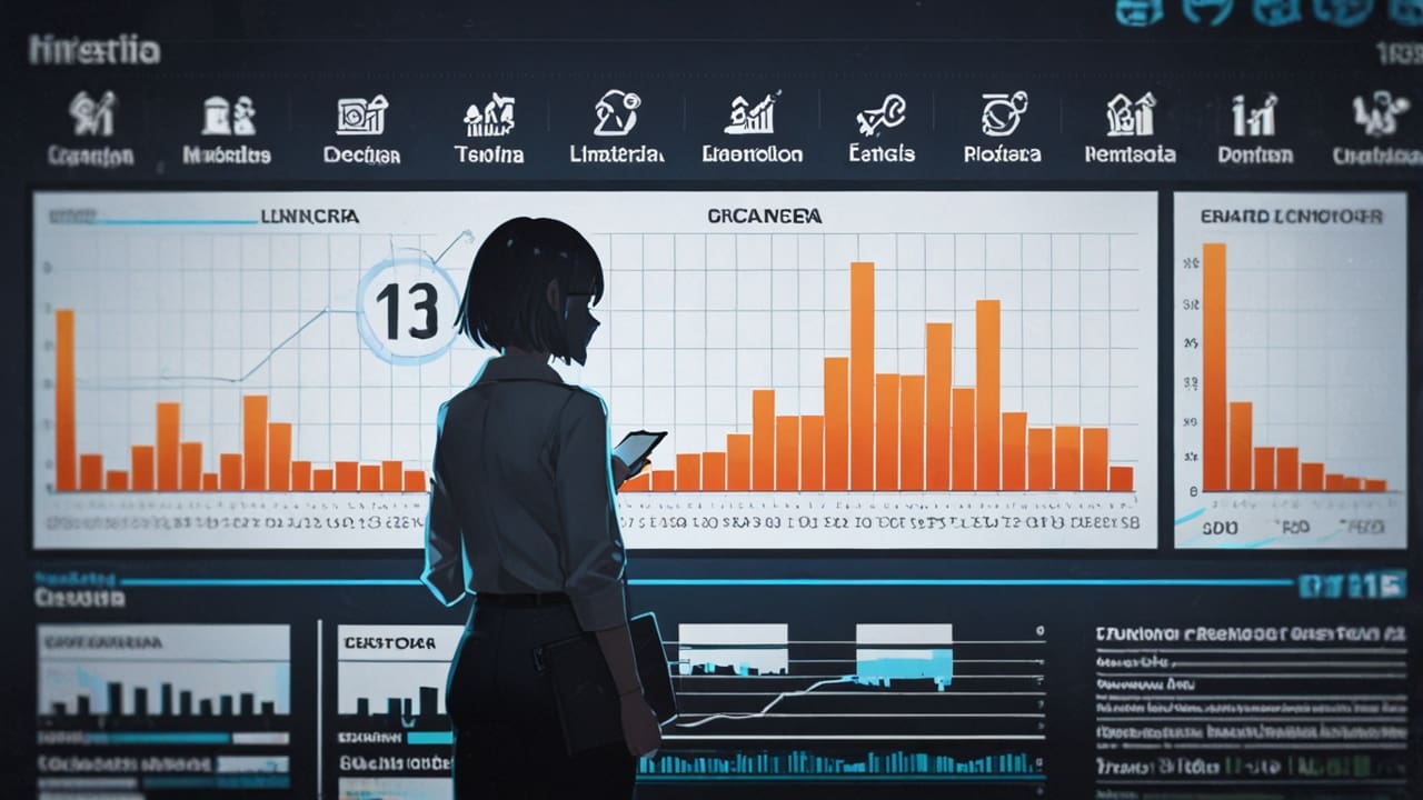 Oficina moderna con pantallas mostrando estadísticas de redes sociales y gráficos de crecimiento.