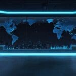 Vista panorámica de un moderno centro de datos con luces azules en un entorno tecnológico