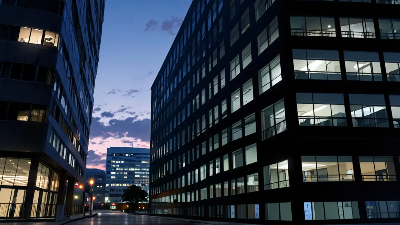 Silhouette de modernos edificios de oficinas en un centro tecnológico con luces iluminando al atardecer