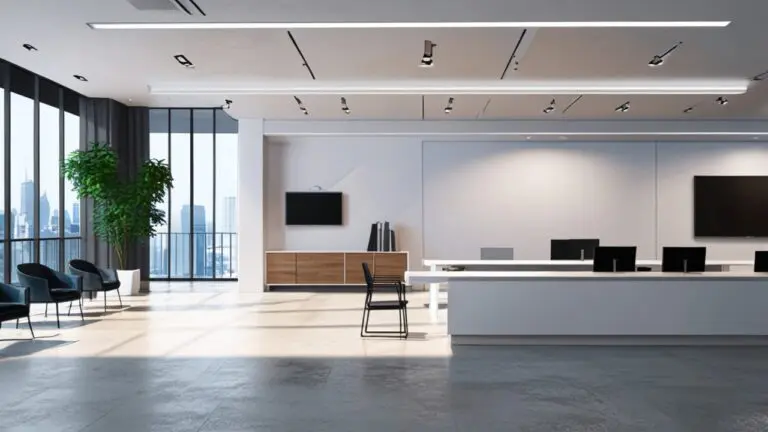 Interior de una oficina moderna con decoraciones minimalistas y tecnología avanzada visible