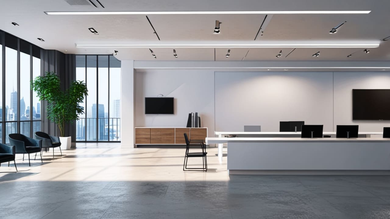 Interior de una oficina moderna con decoraciones minimalistas y tecnología avanzada visible
