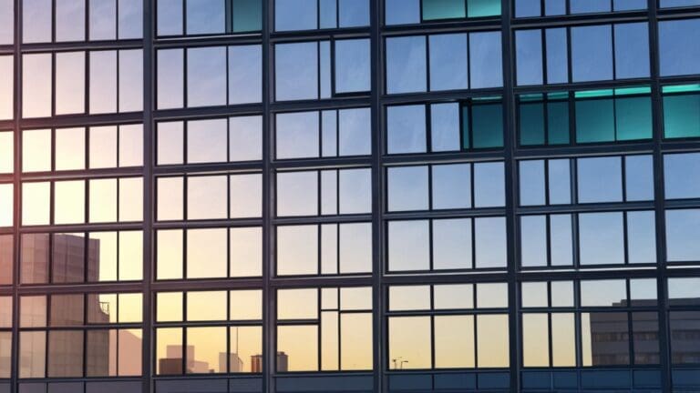 Edificio moderno en Santiago con el amanecer reflejándose en sus ventanas.