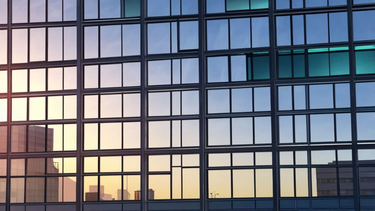 Edificio moderno en Santiago con el amanecer reflejándose en sus ventanas.