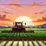 Primer plano de un dispositivo tecnológico moderno sobre un campo agrícola al amanecer.