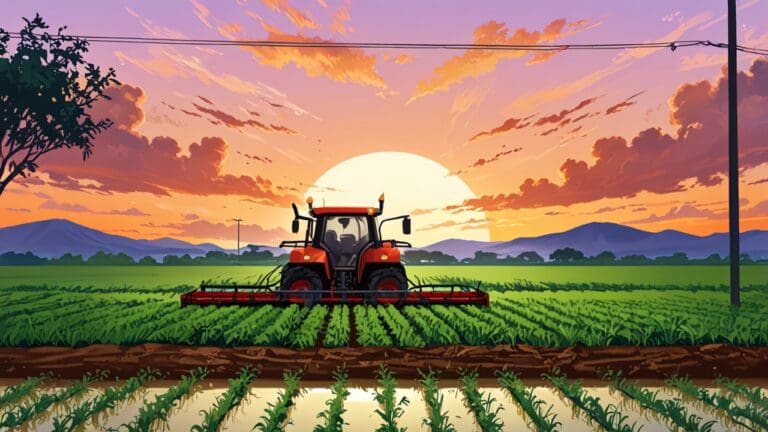 Primer plano de un dispositivo tecnológico moderno sobre un campo agrícola al amanecer.
