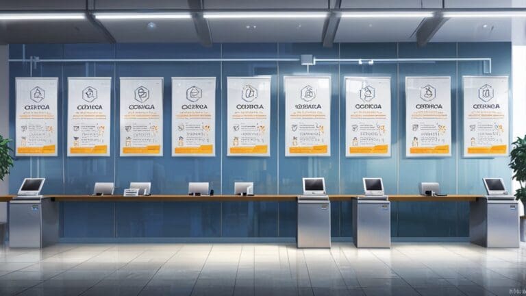 Oficina moderna con pantallas mostrando gráficos de datos y logotipos de tarjetas de crédito