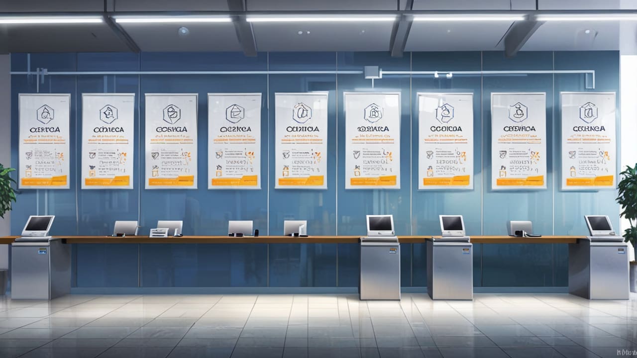 Oficina moderna con pantallas mostrando gráficos de datos y logotipos de tarjetas de crédito