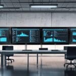 Oficina moderna con computadoras y gráficos digitales en pantalla