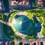 Vista aérea de Barcelona con edificios de techos verdes y sostenibles.