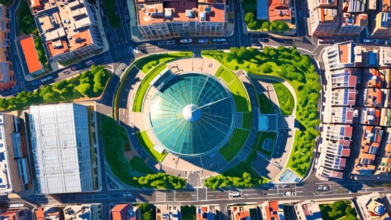 Vista aérea de Barcelona con edificios de techos verdes y sostenibles.