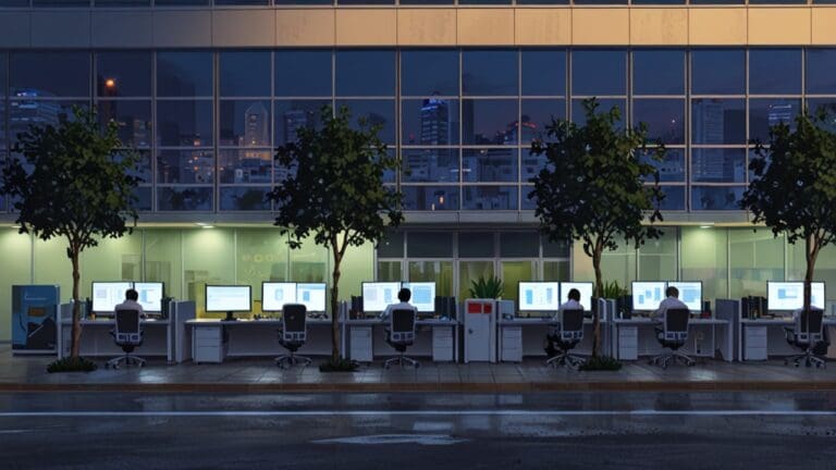 Oficina moderna con computadoras y ambiente tecnológico en la ciudad de Lima, Perú al atardecer