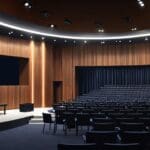 Auditorio moderno y elegante con escenario listo para conferencia empresarial, vista desde el público.