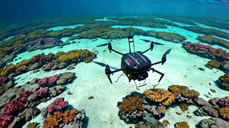 Imagen de dron de arrecifes de coral bajo el agua con equipos de tecnología ambiental restaurando el ecosistema.