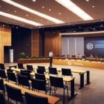 Interior de un centro de conferencias con emprendedores y ejecutivos dialogando, con un fondo tecnológico.