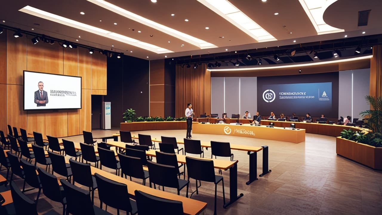 Interior de un centro de conferencias con emprendedores y ejecutivos dialogando, con un fondo tecnológico.