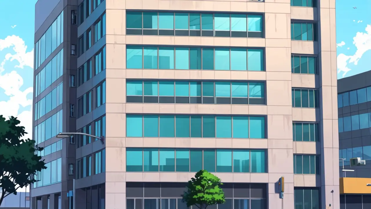 Edificio moderno de una startup tecnológica con fondo urbano.