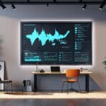 Oficina moderna de una startup tecnológica con pantallas y gráficos digitales en las paredes