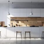 Primer plano de un moderno dispositivo doméstico inteligente en una cocina contemporánea, con fondo minimalista.