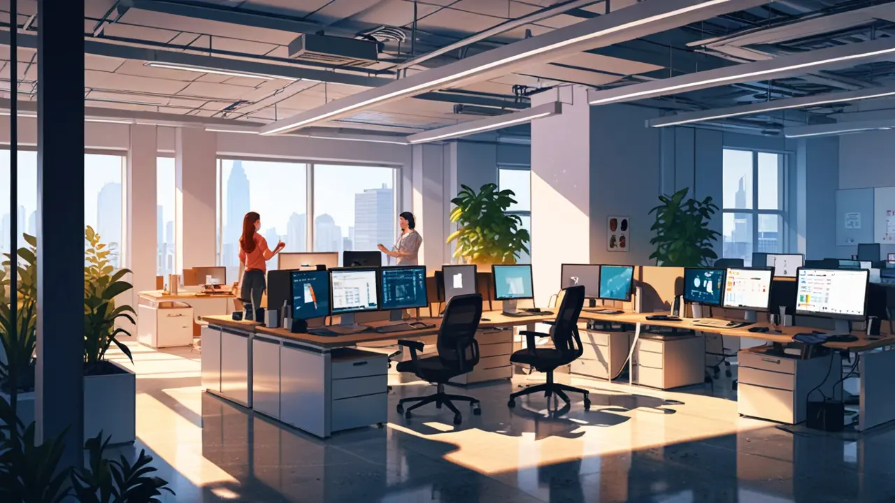 Oficinas modernas de una startup tecnológica con equipos de computación en uso