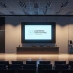 Primer plano de una sala de conferencias moderna con equipo tecnológico y una pantalla mostrando gráficos innovadores.